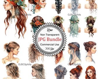 Boho Hairstyle Collection Clipart, Bohemian Hairstyles Clipart, Scrapbook Embellishments, Scrapbooking Kit, , Junk Journal Template.