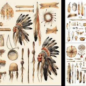 May include: A collection of Native American headdresses, weapons, and tools. The illustration includes a variety of items such as feathers, bows and arrows, shields, and a tipi.