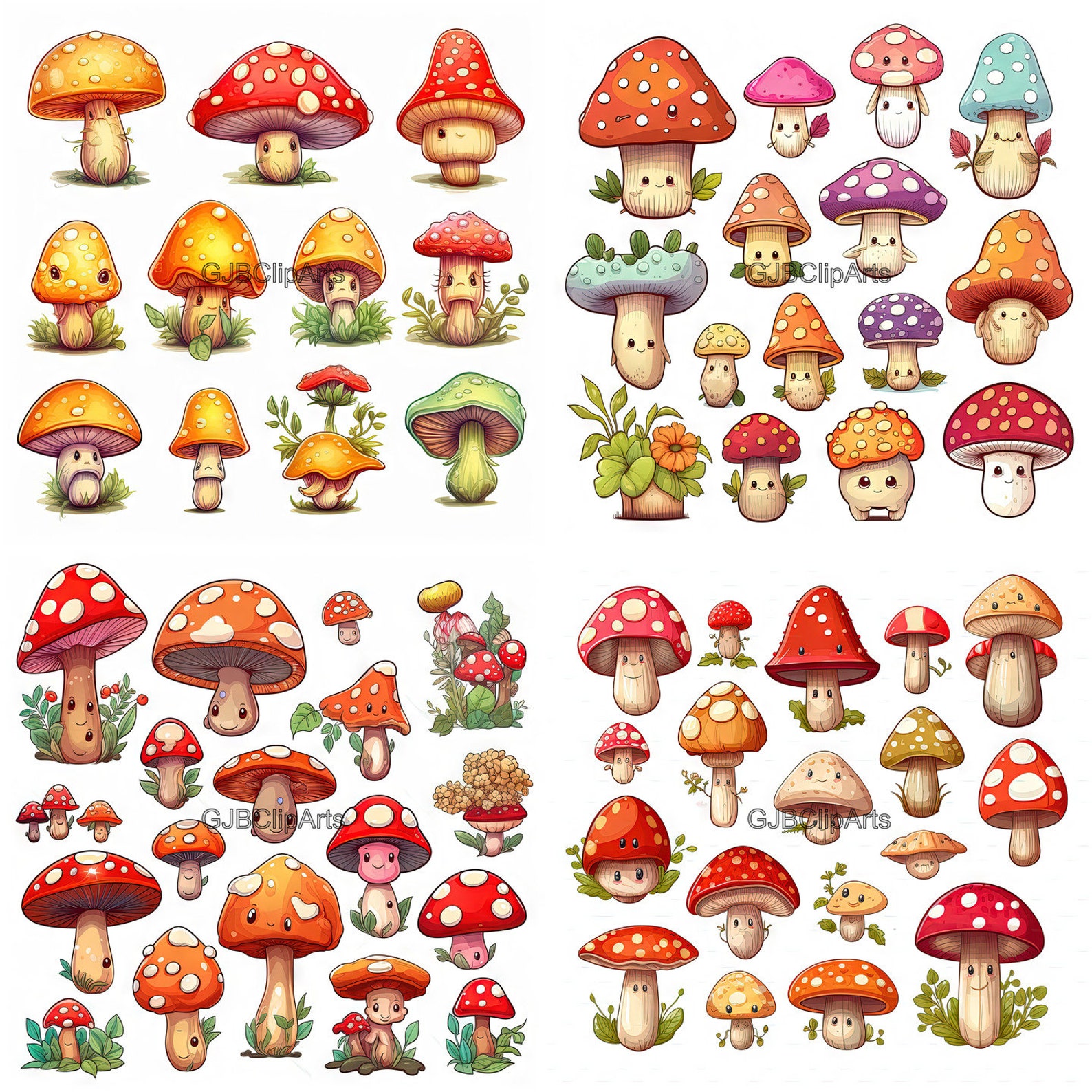 Mushroom Clipart Kawaii Mushrooms, Digital Stickers, Digital Clipart