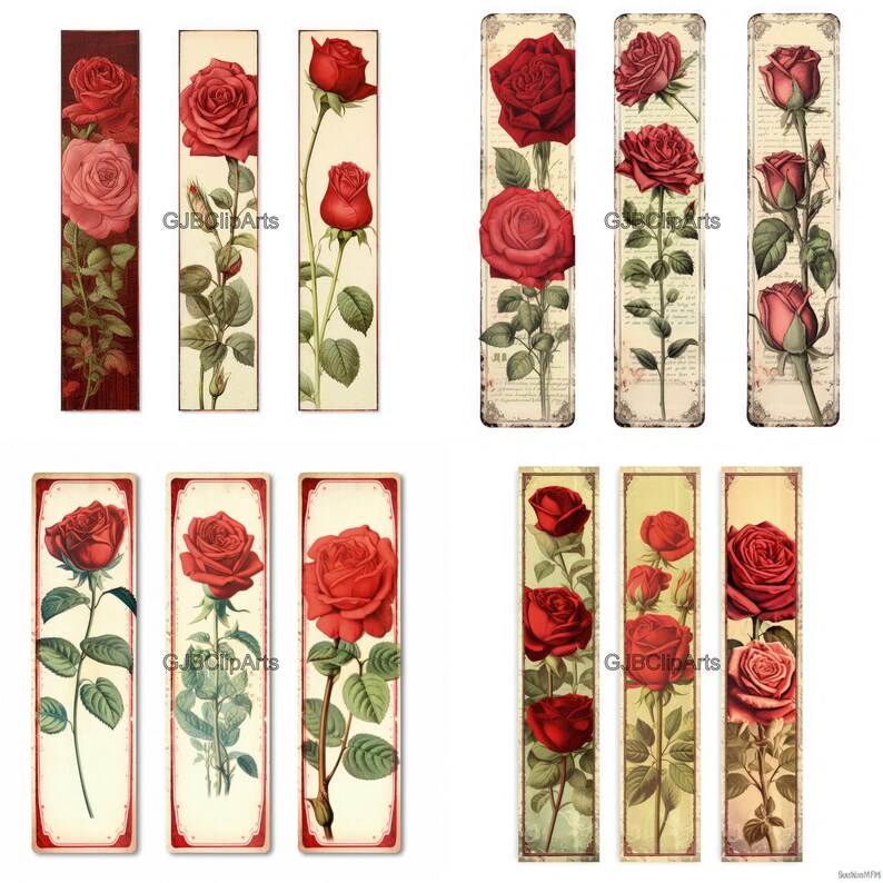 Red Roses Bookmarks Red Rose Vintage Bookmark Clipart, Journaling Labels, , Journaling ...