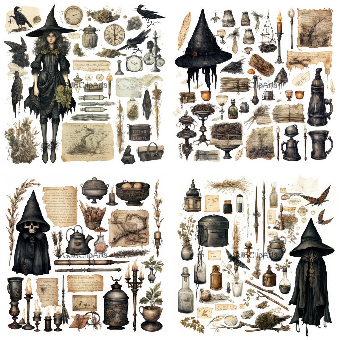 Vintage Witches Junk Journal Kit Clipart, Witch Clipart Black Cat ...