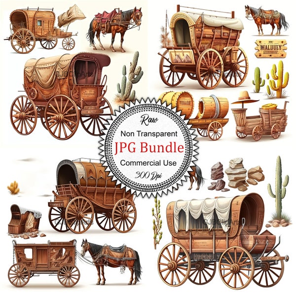 Cart Clipart, Beautiful Cart Wild West Collection, Detailed Vintage-Inspired Clipart Capturing the Essence of Frontier Life, 300 dpi