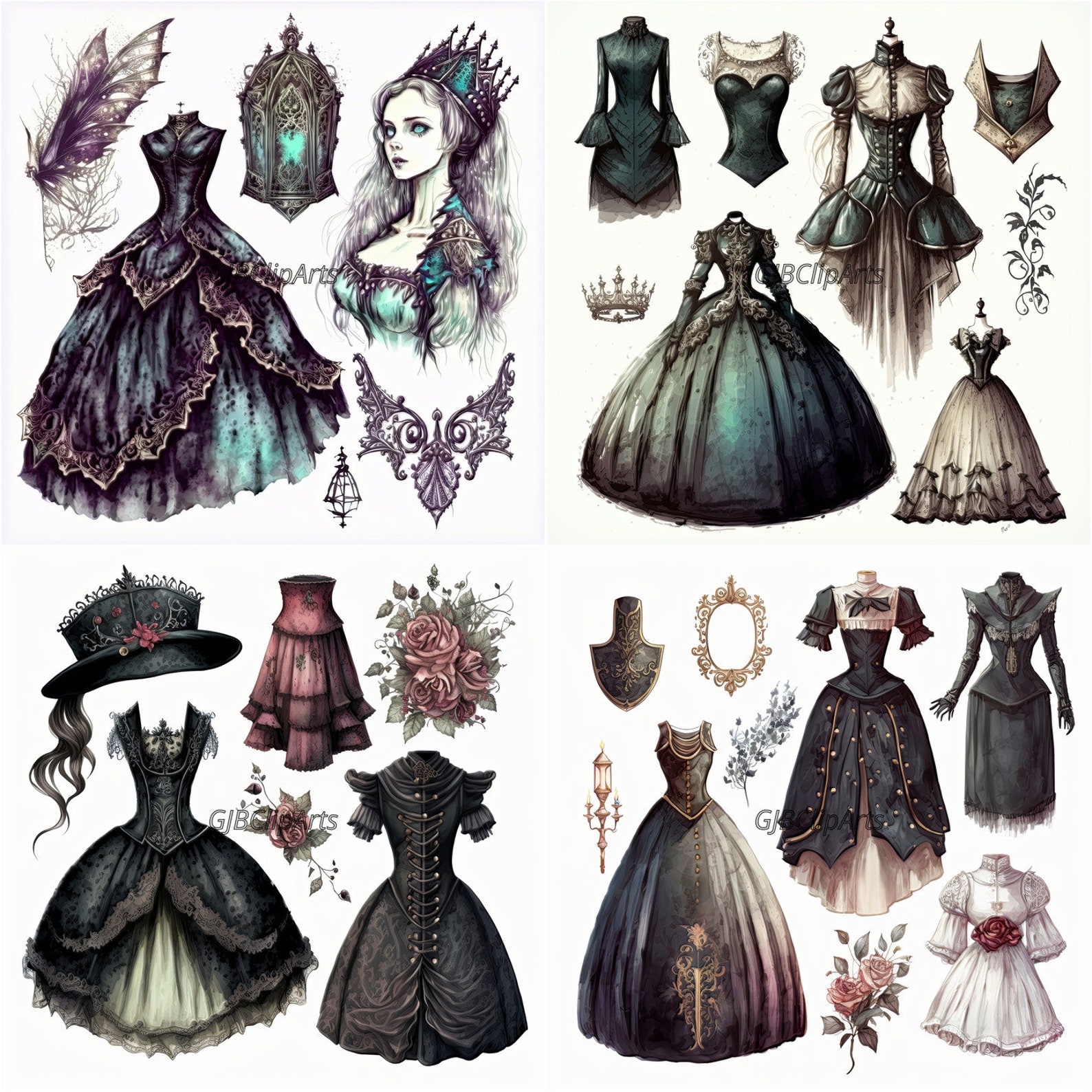 Alluring Gothic Princess Clothes Collection Clipart: Watercolor Gothic ...