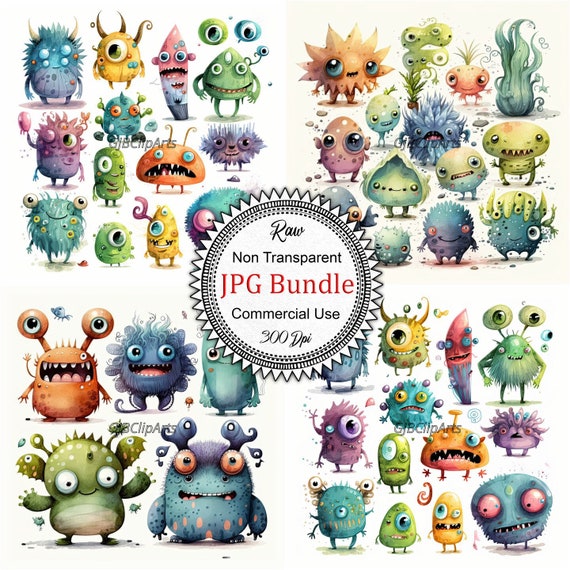 Cute Monsters Watercolor Clipart Retro Collection, Playful Characters, Kids' Decor, Party Invitations, High-Quality JPGs, 300 dpi