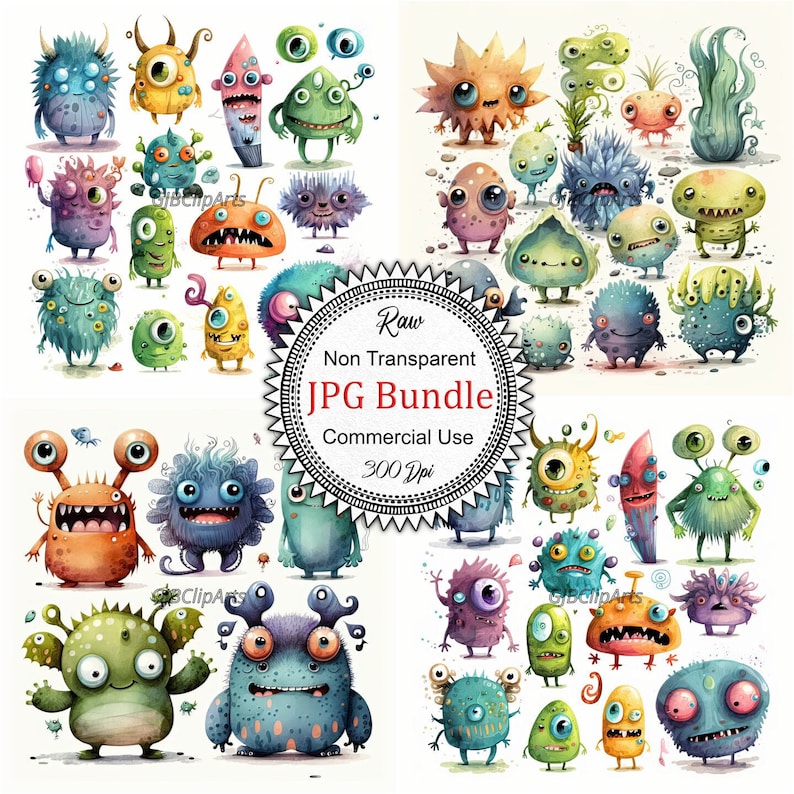 May include: A set of 30 watercolor illustrations of colorful, cartoon monsters. The monsters have different shapes, sizes, and expressions. The illustrations are perfect for adding a whimsical touch to any project.