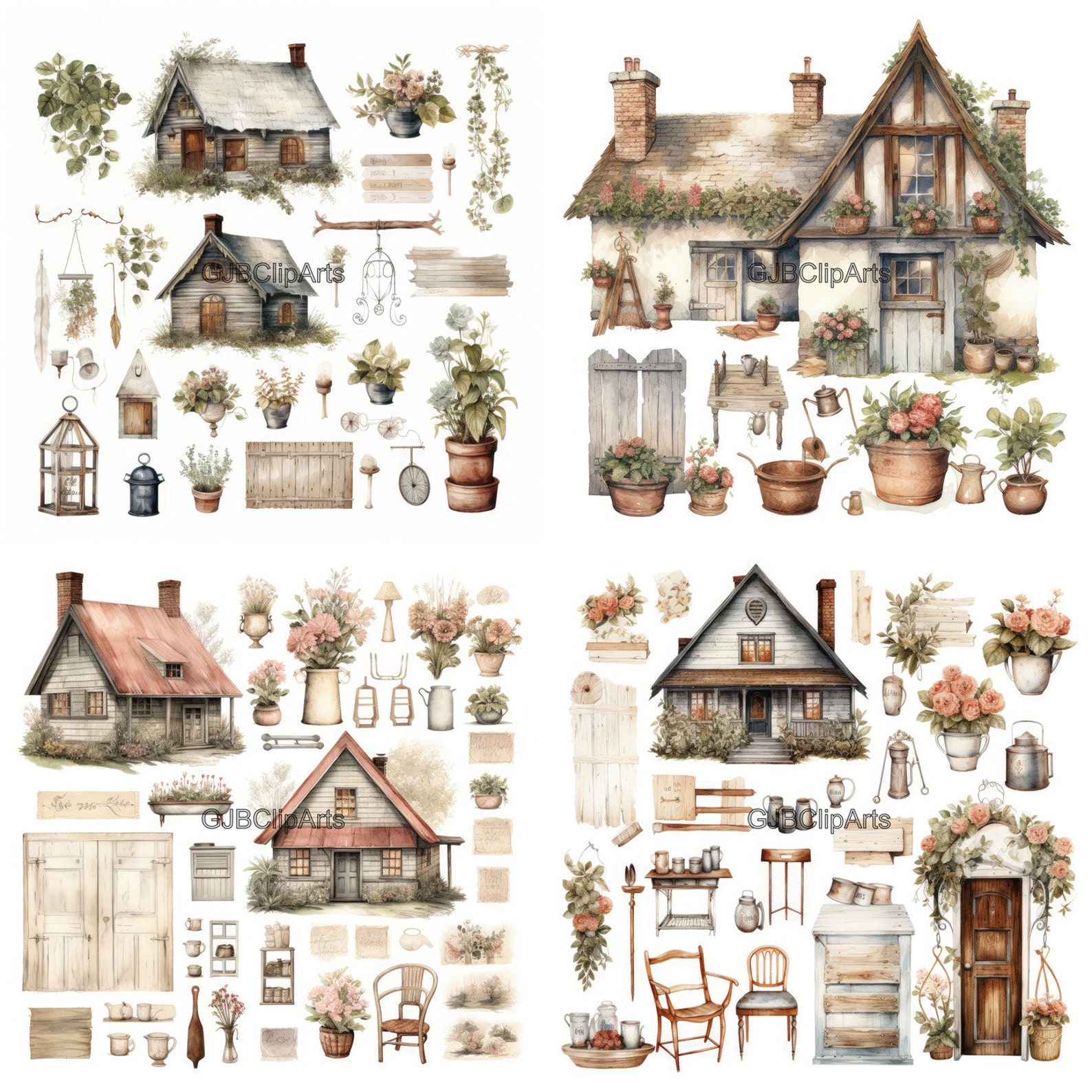 Vintage Rustic Cottage Junk Journal Kit Clipart, Cottage Clipart Flower ...