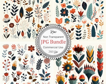 Vibrant Folk Art Flowers Collection: Vector Illustration, Flat Colors, Isolated with Margins, Timeless Designs for Wall Art, Stationery