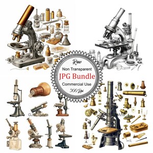 Puede incluir: Una colección de microscopios vintage y equipo científico, incluyendo lentes, portaobjetos y otras herramientas. Los microscopios son de varios estilos y colores, algunos con detalles en latón. La imagen es una ilustración digital, con una estética vintage.
