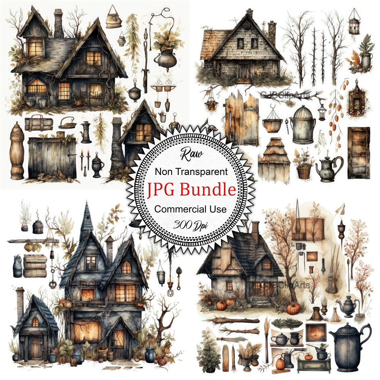 Vintage Witch Houses Junk Journal Kit Clipart ,witch House Clipart ...