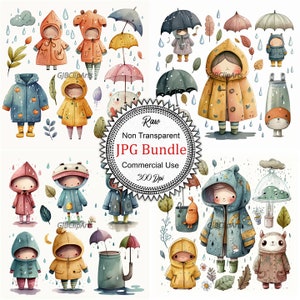 Whimsical Cartoon Collection Rain Gear Watercolor Clipart, Umbrellas, Boots, Raincoats, Greeting Cards, Children's Illustrations, Commercial