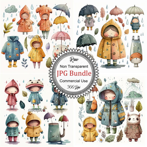 Whimsical Cartoon Collection Rain Gear Aquarelle Clipart, Parapluies, Bottes, Imperméables, Cartes de vœux, Illustrations pour enfants, Commercial