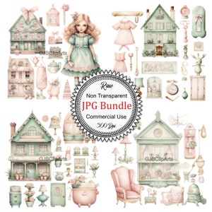 Doll and Doll House  Pink and Green Clipart, Pale Pink Doll Clipart, Journaling Cards, Scrapbookers Tote,doll with accessories, toys clipart