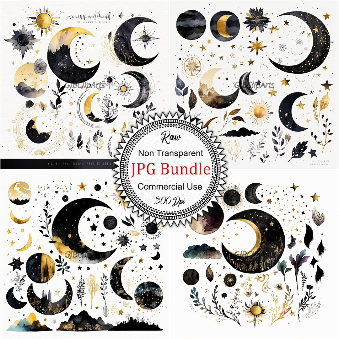 Mystical Moon Phase Collection: Black, Gold Watercolor Clip Art ...