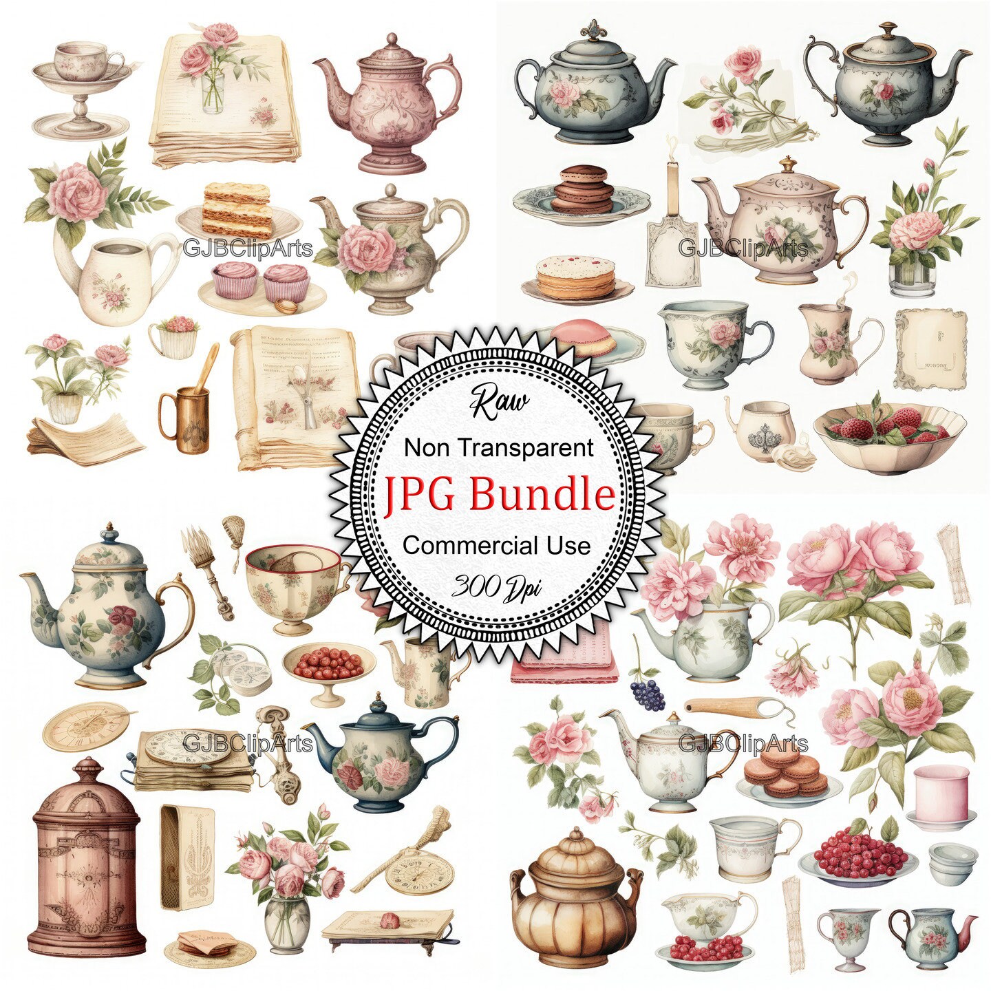 Vintage Tea Party Junk Journal Kit Clipart, Tea Pot Clipart Tea Cup ...