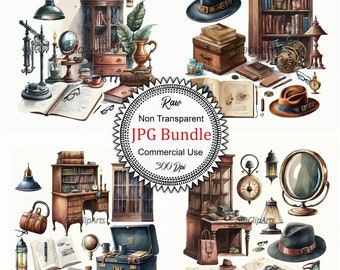 Mysterious Detective Inventory Collection Clipart: Watercolor Crime Scene Elements, High-Quality JPGs, 300 dpi, Storytelling, Scrapbooking