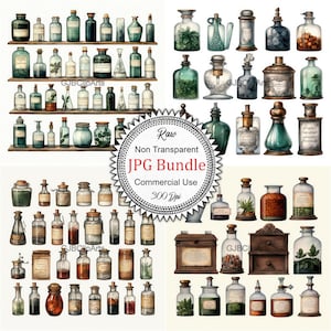 May include: A digital illustration of a collection of vintage glass bottles with various labels and contents. The bottles are arranged in rows on shelves and are depicted in a watercolor style.