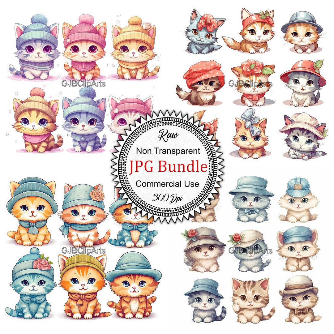 Kitten Clipart, Kawaii Kittens Wearing Hat,digital Stickers, Digital ...