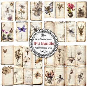 May include: A digital collage of vintage book pages with illustrations of butterflies, flowers, and insects. The pages are aged and have a worn look. The illustrations are in shades of brown, gray, and white. The text on the pages is blurry and unreadable. The collage is titled "Raw Non Transparent JPG Bundle Commercial Use 300 Dpi".