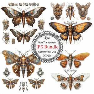 May include: A digital download of 10 steampunk-style butterfly and insect illustrations. The illustrations are in a raw, non-transparent JPG format, 300 dpi, and are for commercial use. The butterflies are in various colors, including blue, brown, orange, and white, and feature intricate details of gears and cogs.