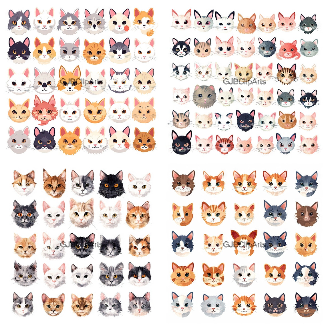 Cat Faces Clipart: Adorable Cat Faces Collection, Digital Stickers ...