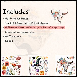 May include: A digital clipart set featuring a watercolor style skull with floral accents, a witch's hat with various magical items, and a collection of red and orange flowers. The set includes 300 DPI images with a white background.