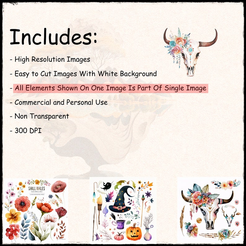 May include: A digital clipart set featuring a watercolor style skull with floral accents, a witch's hat with various magical items, and a collection of red and orange flowers. The set includes 300 DPI images with a white background.