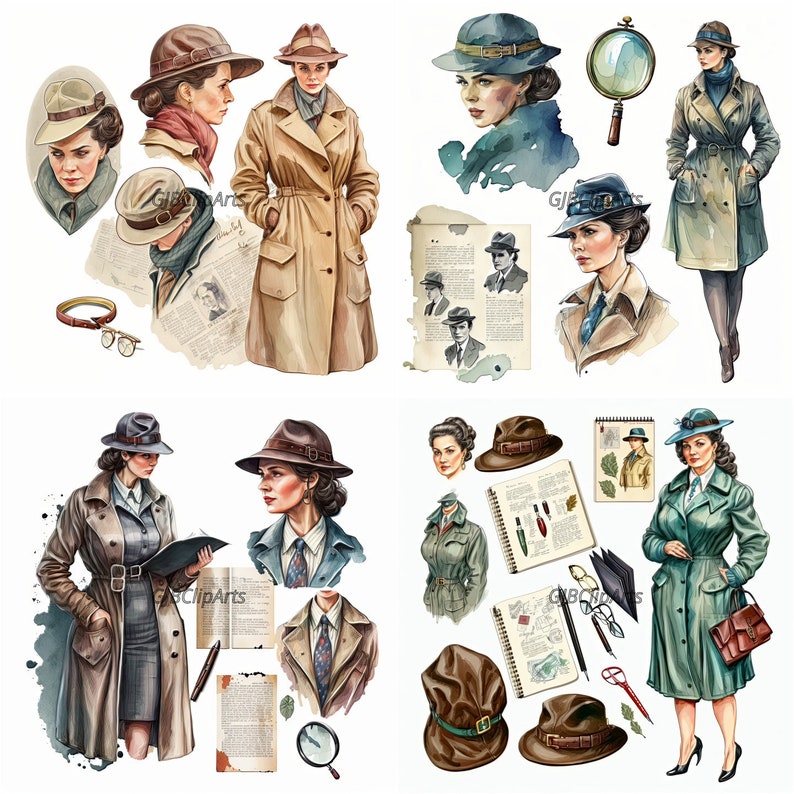 Woman Detective Collection: Watercolor Female Sleuth Illustrations ...
