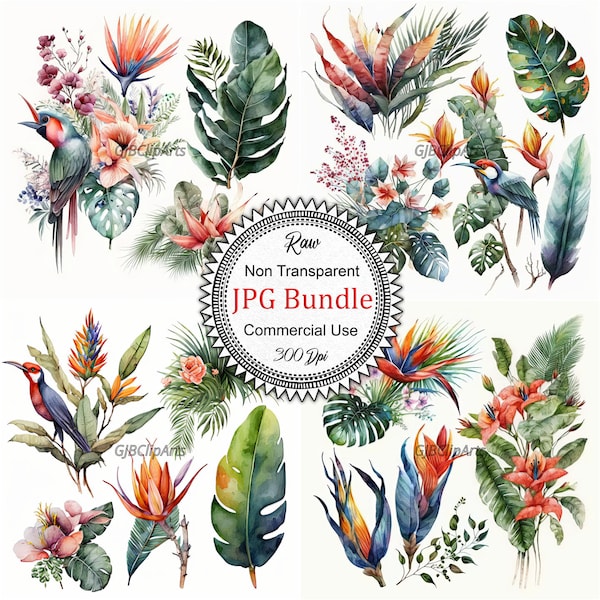 Watercolor Tropical Flora Fauna Bouquet Collection Lush and Exotic Botanical Illustrations Perfect for Invitations, Wall Art Designs