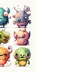 May include: A set of nine colorful cartoon monsters with different expressions and features. The monsters are drawn in a whimsical style with bright colors and playful details.