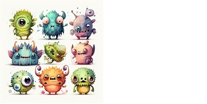 May include: A set of nine colorful cartoon monsters with different expressions and features. The monsters are drawn in a whimsical style with bright colors and playful details.