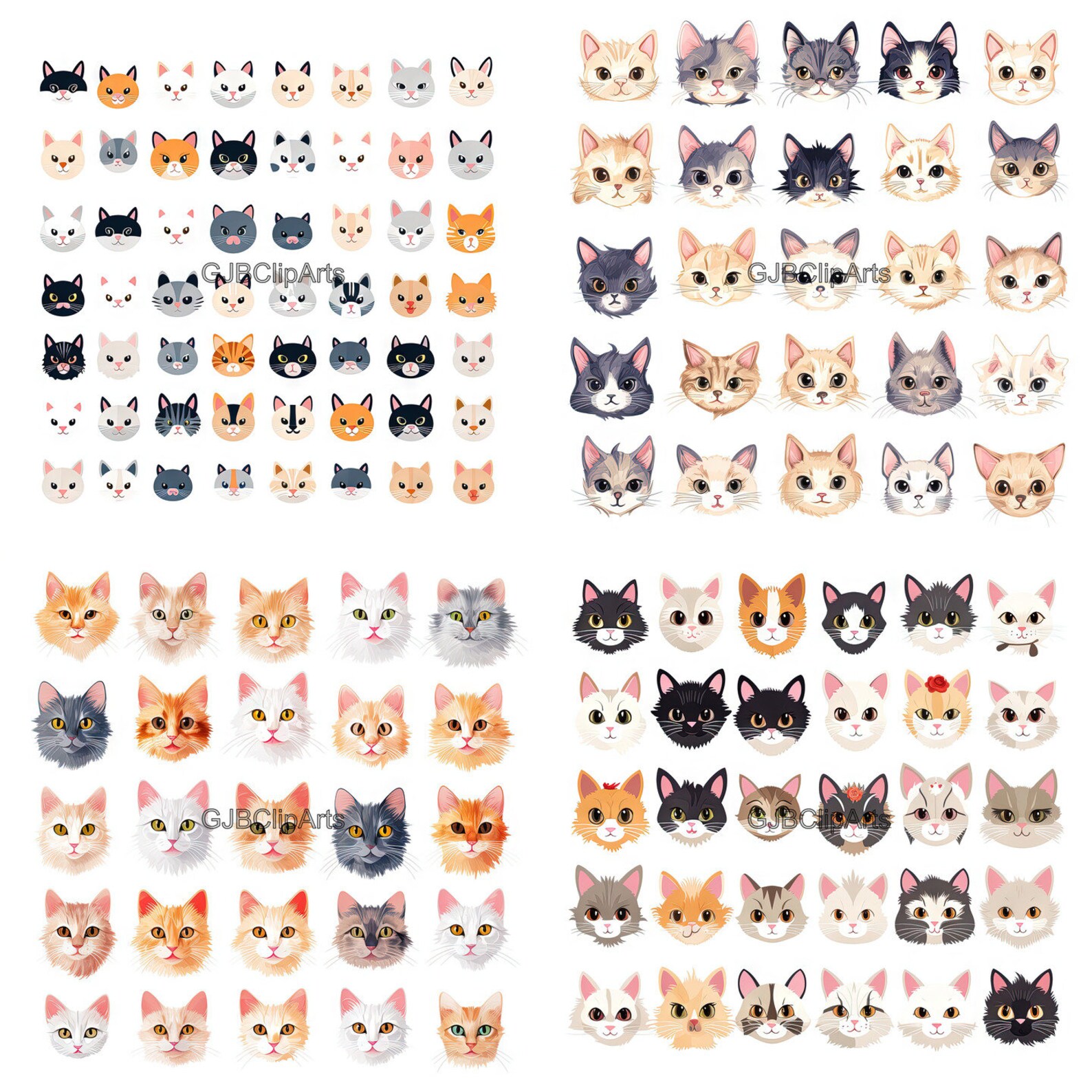 Cat Faces Clipart: Adorable Cat Faces Collection, Digital Stickers ...