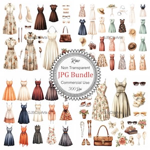 Peut inclure: Un ensemble d'illustrations numériques de vêtements, d'accessoires et d'autres articles de style vintage. L'ensemble comprend des robes, des chapeaux, des chaussures, des sacs à main, des lunettes de soleil et plus encore. Les illustrations sont dans un style aquarelle et sont parfaites pour une utilisation dans le scrapbooking numérique, la fabrication de cartes et d'autres projets créatifs.