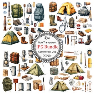 May include: A collection of camping and hiking illustrations, including tents, backpacks, lanterns, mugs, and other gear. The illustrations are in a watercolor style and are set against a white background.