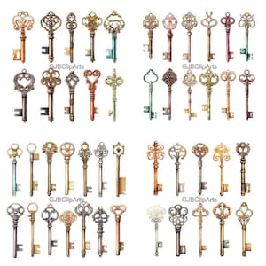 May include: A set of 40 vintage-style keys, illustrated in watercolor. The keys are in various colors, including gold, silver, bronze, and copper. Each key has a unique design, with intricate details and ornate flourishes.