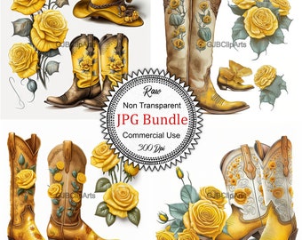 Beautiful Cowboy Boots and Yellow Roses Collection: Western Charm Meets Floral Elegance in These Exquisite Clipart Illustration,  300 dpi