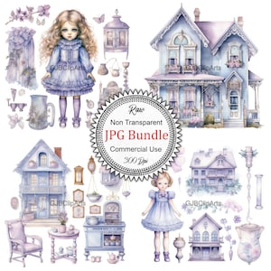 Beautiful Doll and Doll House Blue Clipart, Doll Clipart, Journaling Therapy, Journaling Date Covers, quick download,high quality images