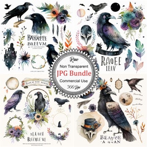 Dark Boho Whimsical Raven Edgar Allan Poe Halloween Watercolor Clip Art Collection, Spooky Decor, Creepy Cards, Commercial Use