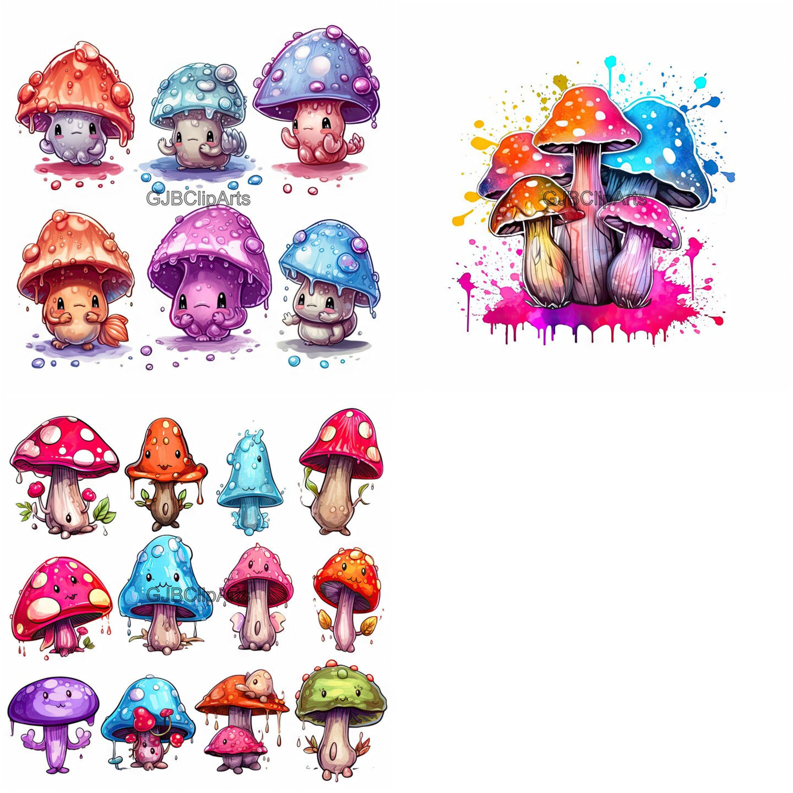 Mushroom Clipart Paint Splash Metallic Colors, Kawaii Mushrooms,digital ...