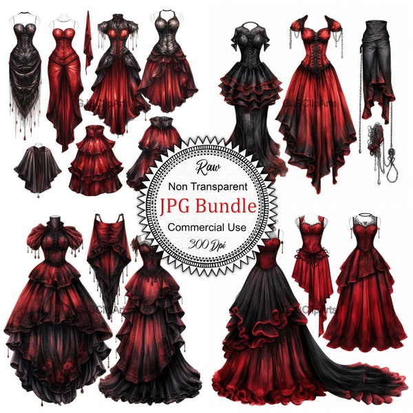 Vintage Red and Black Gothic Princess Clothes Clipart, princess dress ,Deep Red Clothes Clipart, , Scrapbooking Supplies, halloween costumes