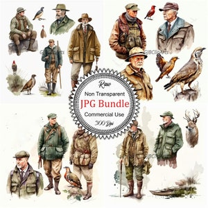 Adventurous Male Hunters Collection Clipart: Watercolor Hunting Scenes, JPGs, 300 dpi, Outdoors, Scrapbooking, Junk Journal Supplies