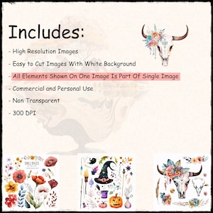 K&ouml;nnte beinhalten: Ein digitaler Clipart-Satz mit einem Sch&auml;del im Aquarellstil mit floralen Akzenten, einem Hexenhut mit verschiedenen magischen Gegenst&auml;nden und einer Sammlung roter und orangefarbener Blumen. Der Satz enth&auml;lt 300 DPI Bilder mit wei&szlig;em Hintergrund.