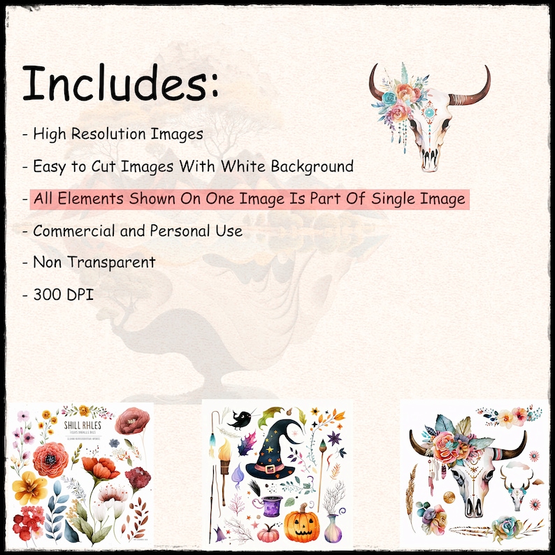 K&ouml;nnte beinhalten: Ein digitaler Clipart-Satz mit einem Sch&auml;del im Aquarellstil mit floralen Akzenten, einem Hexenhut mit verschiedenen magischen Gegenst&auml;nden und einer Sammlung roter und orangefarbener Blumen. Der Satz enth&auml;lt 300 DPI Bilder mit wei&szlig;em Hintergrund.