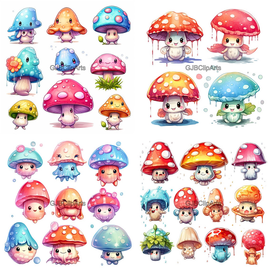 Mushroom Clipart Paint Splash Metallic Colors, Kawaii Mushrooms,digital ...