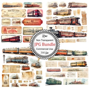 Peut inclure: Un collage numérique d'illustrations et de billets de train vintage. Les images sont dans un style aquarelle et présentent divers wagons de train, locomotives et billets avec du texte comme "Quint Pait Atans" et "Watrle Avitubr".