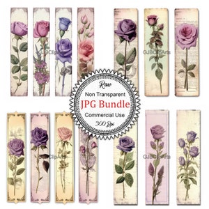 May include: A set of ten digital printable bookmarks featuring vintage-style illustrations of roses in various shades of pink and purple. The bookmarks are designed with a distressed, aged paper background and are perfect for adding a touch of elegance to your reading experience.