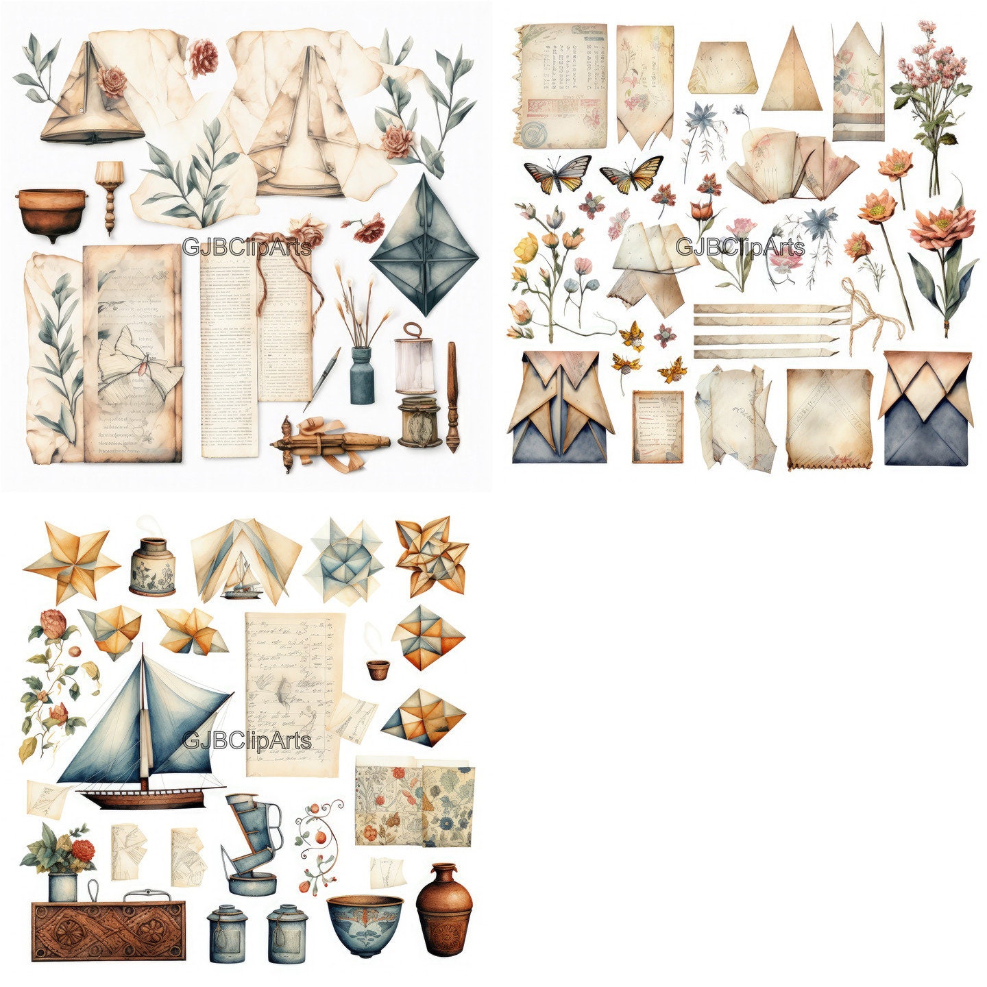 Vintage Origami Junk Journal Kit Clipart, Paper Crane Clipart Origami ...