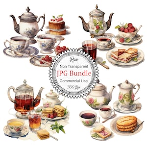 Peut inclure: Une collection de tasses à thé, de théières et de soucoupes vintage avec des motifs floraux et des designs délicats. L'ensemble comprend une variété de pâtisseries, notamment des gâteaux, des biscuits et des sandwichs. L'image est sur un fond blanc.