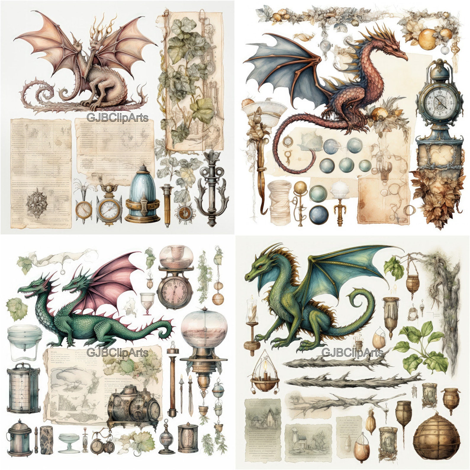 Vintage Shabby Dragon Junk Journal Kit Clipart, Dragon Clipart Castle ...