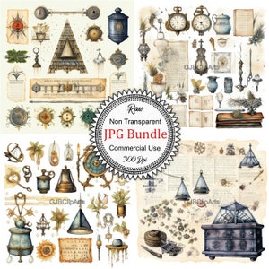 May include: A digital collage of vintage illustrations featuring botanical elements, clocks, and other antique objects. The images are in a watercolor style and have a whimsical, magical feel. The text "Raw Non Transparent JPG Bundle Commercial Use 300 Dpi" is included in the image.