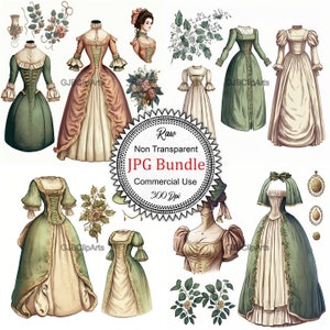 Pode incluir: Um conjunto de bonecas de papel digital que apresenta mulheres com vários vestidos do século XVIII. Os vestidos são em tons de verde, marrom e creme com detalhes intrincados. O conjunto inclui acentos florais, um buquê de flores e um chapéu.